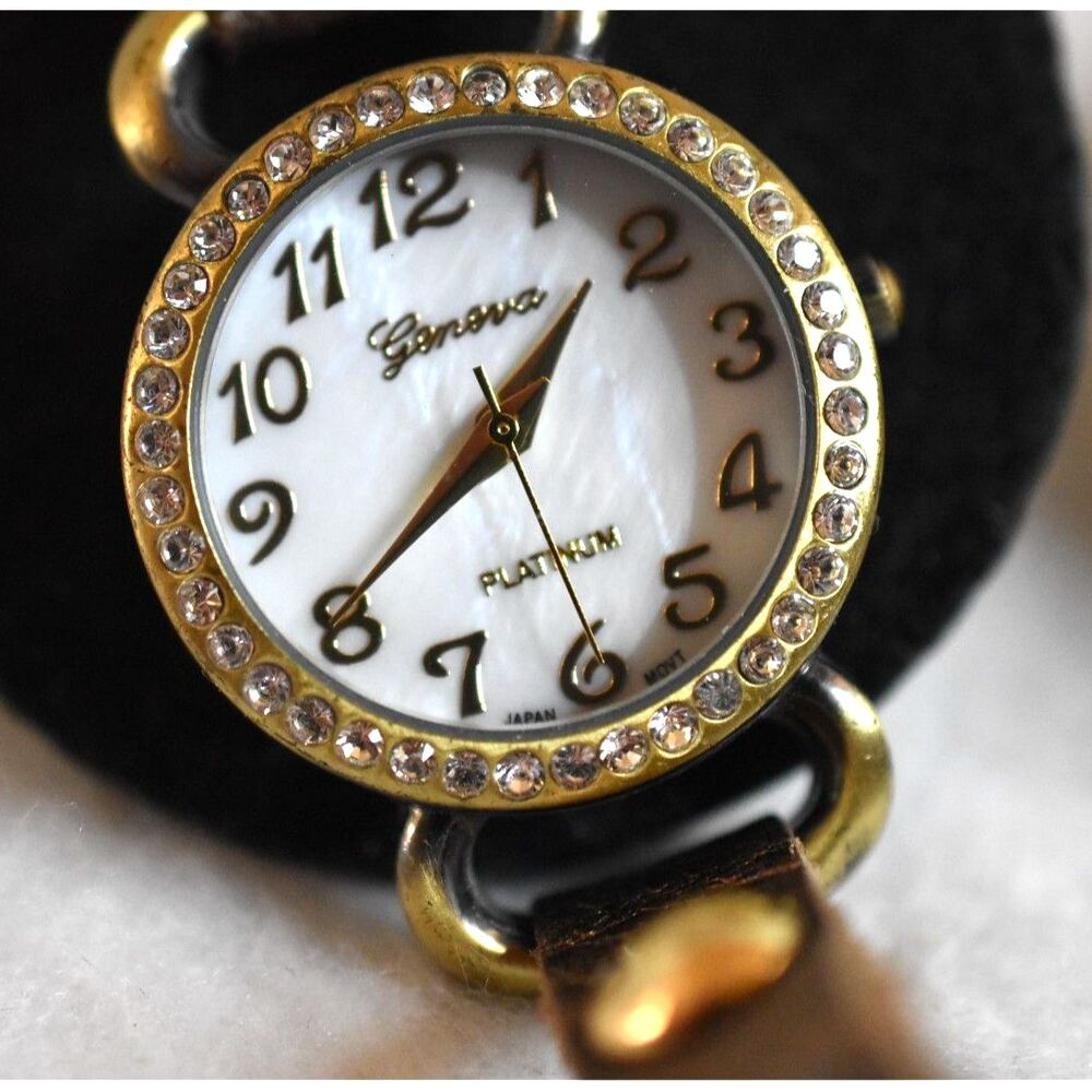 Geneva Platinum Rose Gold Brown Leather Rhinestone Stud Wrap Band Watch